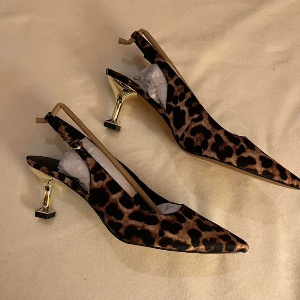 Leopard print size 7.5 satin gold kitten heel slingback pumps NEW Katy Perry NIB